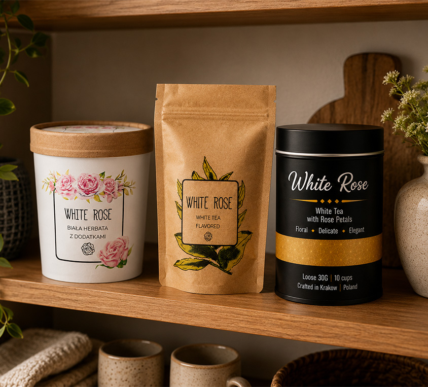 White Rose Leo Tea – elegancka puszka, doypack i kubek prezentowy